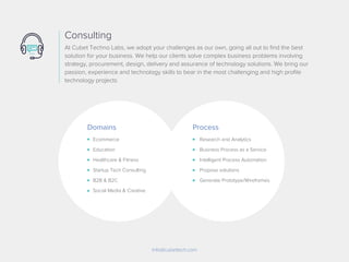 Info@cubettech.com
Ecommerce
Education
Healthcare & Fitness
Startup Tech Consulting
B2B & B2C
Social Media & Creative
Research and Analytics
Business Process as a Service
Intelligent Process Automation
Propose solutions
Generate Prototype/Wireframes
Domains Process
At Cubet Techno Labs, we adopt your challenges as our own, going all out to ﬁnd the best
solution for your business. We help our clients solve complex business problems involving
strategy, procurement, design, delivery and assurance of technology solutions. We bring our
passion, experience and technology skills to bear in the most challenging and high proﬁle
technology projects
Consulting
 