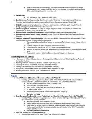 2
 Expert in Testing Measuring Instruments for Product Requirement Like Agilent VSA&VSG(3GHZ), Power
Sensors( Range:- 10Mhz to 8Ghz), DAQ Card , Aero flex 6Ghz,MultiMeter 20Hz to 20Khz and Power Supply
30Vdc and scheduling calibration for these instruments.
⇒ SMT Machines
 Pick and Place (NXT), AOI (Agilent) and Reflow (ERSA).
⇒ Core Maintenance Team Responsibility – Break Down , Preventive Maintenance , Predictive Maintenance, Maintenance
Prevention, New Machine Erection and Commissioning, Spares Control, Energy conservation and Maintain OEE.
⇒ Global Exposure in standardizing changeover and Preventive Maintenance time and Produce quality Product in Time with
Beijing , Donwang and Finland by Conference Meeting every week.
⇒ Credited for significant contributions for 4 New Line Setup in Beijing Nokia factory (China) and full Line Installation and
Commissioning in Chennai Factory done FAT and SAT.
⇒ Ensured effective implementation & maintenance of ESD, 5S & Safety in the factory. Implement Kaizen Ideas
⇒ Achievable improvement given in Product Changeover by CPM (Critical Path Measuring) and VSM (Value Stream Mapping)
Mappings.
⇒ Taken part in the team in attaining quality Audit in IS0175025:2005(Calibration of Measuring Instrument) and Responsible for ISO9001,
ISO9002 Quality Standards. My Responsibility from Maintenance
 Appreciating the “Zero quality failures “between the operators and Technicians by adhering Process, SOP and
MIS.
 Customer Complaint and Defect analysis and implementation of CAPA
 Control mechanism over the BOM and ECN Changes to increase the Productivity.
 Analyzing the Rejections trends on daily, weekly and Monthly basis. And ensure the actions are in place for the
same.
 Responsible for ensuring a Defect Free Electronic Assembly Products to the Customers.
Team Management and Training:
⇒ Overseeing the skill level of the team Members. Developing minimum 80% of techcians for Multiskilling to Manage Productivity
during critical Situations.
⇒ Mentoring Technicians in Project way of working and Improving the analysis skills
⇒ Discussing with team for Improvements and creating motivated environment.
⇒ Covering all the technicians’ three levels of training to complete their Skill Matrix.
⇒ Making team to understand the Company and Department Metrics and achieve the target.
⇒ Motivating technicians to Participant Sports, cultural, Kaizen and Nokia 7.
Projects:
⇒ New SPM Machine JOT Installed and Commissioned- Nokia India Pvt Ltd-2011
o In existing Agilent tester every single Product tested Part by Part so that Per hour Productivity Reduced and Space
occupied is also More (L-3000mm, W- 1500mm). To overcome these New JOT SPM tester Introduced.
 New JOT SPM Machine tests Fours boards in a Panel at a time
 Space occupied L-1500mm W-1400mm.
 Robot functions in Servo Motor with Omron Drive with Multiple test box.
 UI Scada graphical Software.
 Installed and commissioned with in Schedule time and Product Ramped Up.
 Got Kudos from Nokia
⇒ Quick Changeover New Concept to increase Productivity in Level 2 and Level 3 Changeover-Nokia India Pvt Ltd-2012
o In existing Changeover Product will fully stopped in Line and after completion of Changeover it takes 2hours to full Ramp
Up to overcome these following action taken.
 Activities Separated as internal and external by CPM.
 External Activities done proactively before starting of changeover without disturbing existing Product.
 Partial testers will be given to production at first half off the Changeover, so that 40% New Product will start to
Produce and in Second Half of remaining testers will be given to Production, so that 90% of Product will be
ramped up another one hour.
 In Nokia 7 Competition Won first Prize.
⇒ Opex Cost Reduction 30%:- Nokia India Pvt Ltd-2013
o In existing Opex Cost 60Lacs/Per Month. Project Target to Reduce 42Lacs/Month.
 