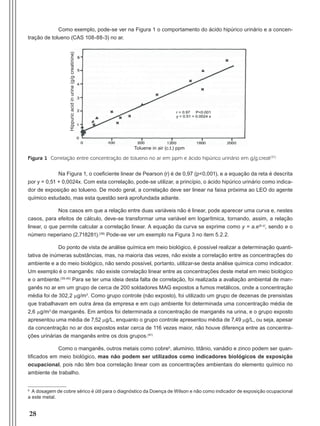 28
Como exemplo, pode-se ver na Figura 1 o comportamento do ácido hipúrico urinário e a concen-
tração de tolueno (CAS 108-88-3) no ar.
Figura 1 Correlação entre concentração de tolueno no ar em ppm e ácido hipúrico urinário em g/g.creat(37)
Na Figura 1, o coeficiente linear de Pearson (r) é de 0,97 (p<0,001), e a equação da reta é descrita
por y = 0,51 + 0,0024x. Com esta correlação, pode-se utilizar, a princípio, o ácido hipúrico urinário como indica-
dor de exposição ao tolueno. De modo geral, a correlação deve ser linear na faixa próxima ao LEO do agente
químico estudado, mas esta questão será aprofundada adiante.
Nos casos em que a relação entre duas variáveis não é linear, pode aparecer uma curva e, nestes
casos, para efeitos de cálculo, deve-se transformar uma variável em logarítmica, tornando, assim, a relação
linear, o que permite calcular a correlação linear. A equação da curva se exprime como y = a.e(b.x)
, sendo e o
número neperiano (2,718281).(38)
Pode-se ver um exemplo na Figura 3 no item 5.2.2.
Do ponto de vista de análise química em meio biológico, é possível realizar a determinação quanti-
tativa de inúmeras substâncias, mas, na maioria das vezes, não existe a correlação entre as concentrações do
ambiente e a do meio biológico, não sendo possível, portanto, utilizar-se desta análise química como indicador.
Um exemplo é o manganês: não existe correlação linear entre as concentrações deste metal em meio biológico
e o ambiente.(39,40)
Para se ter uma ideia desta falta de correlação, foi realizada a avaliação ambiental de man-
ganês no ar em um grupo de cerca de 200 soldadores MAG expostos a fumos metálicos, onde a concentração
média foi de 302,2 mg/m3
. Como grupo controle (não exposto), foi utilizado um grupo de dezenas de prensistas
que trabalhavam em outra área da empresa e em cujo ambiente foi determinada uma concentração média de
2,6 mg/m3
de manganês. Em ambos foi determinada a concentração de manganês na urina, e o grupo exposto
apresentou uma média de 7,52 mg/L, enquanto o grupo controle apresentou média de 7,49 mg/L, ou seja, apesar
da concentração no ar dos expostos estar cerca de 116 vezes maior, não houve diferença entre as concentra-
ções urinárias de manganês entre os dois grupos.(41)
Como o manganês, outros metais como cobreb
, alumínio, titânio, vanádio e zinco podem ser quan-
tificados em meio biológico, mas não podem ser utilizados como indicadores biológicos de exposição
ocupacional, pois não têm boa correlação linear com as concentrações ambientais do elemento químico no
ambiente de trabalho.
b
A dosagem de cobre sérico é útil para o diagnóstico da Doença de Wilson e não como indicador de exposição ocupacional
a este metal.
Toluene in air (c.t.) ppm
Hippuricacidinurine(g/gcreatinine)
Manual Controle Medico.indd 28 17/3/2014 12:05:49
 