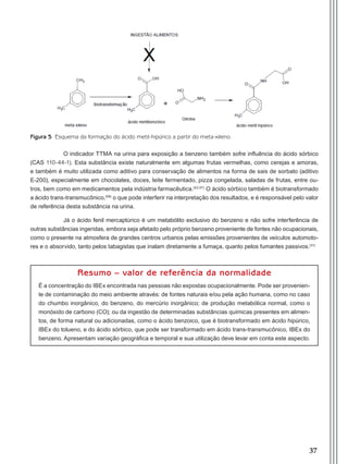 37
Figura 5 Esquema da formação do ácido metil-hipúrico a partir do meta-xileno.
O indicador TTMA na urina para exposição a benzeno também sofre influência do ácido sórbico
(CAS 110-44-1). Esta substância existe naturalmente em algumas frutas vermelhas, como cerejas e amoras,
e também é muito utilizada como aditivo para conservação de alimentos na forma de sais de sorbato (aditivo
E-200), especialmente em chocolates, doces, leite fermentado, pizza congelada, saladas de frutas, entre ou-
tros, bem como em medicamentos pela indústria farmacêutica.(53,57)
O ácido sórbico também é biotransformado
a ácido trans-transmucônico,(58)
o que pode interferir na interpretação dos resultados, e é responsável pelo valor
de referência desta substância na urina.
Já o ácido fenil mercaptúrico é um metabólito exclusivo do benzeno e não sofre interferência de
outras substâncias ingeridas, embora seja afetado pelo próprio benzeno proveniente de fontes não ocupacionais,
como o presente na atmosfera de grandes centros urbanos pelas emissões provenientes de veículos automoto-
res e o absorvido, tanto pelos tabagistas que inalam diretamente a fumaça, quanto pelos fumantes passivos.(31)
Resumo – valor de referência da normalidade
É a concentração do IBEx encontrada nas pessoas não expostas ocupacionalmente. Pode ser provenien-
te de contaminação do meio ambiente através: de fontes naturais e/ou pela ação humana, como no caso
do chumbo inorgânico, do benzeno, do mercúrio inorgânico; de produção metabólica normal, como o
monóxido de carbono (CO); ou da ingestão de determinadas substâncias químicas presentes em alimen-
tos, de forma natural ou adicionadas, como o ácido benzoico, que é biotransformado em ácido hipúrico,
IBEx do tolueno, e do ácido sórbico, que pode ser transformado em ácido trans-transmucônico, IBEx do
benzeno. Apresentam variação geográfica e temporal e sua utilização deve levar em conta este aspecto.
Manual Controle Medico.indd 37 17/3/2014 12:05:50
 