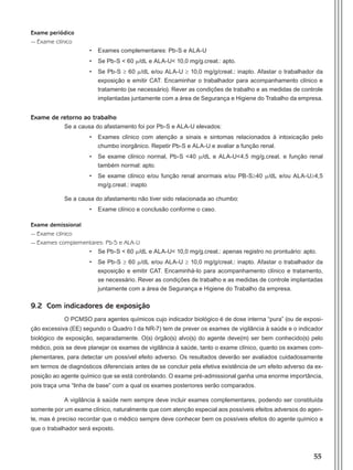 55
Exame periódico
- Exame clínico
•	 Exames complementares: Pb-S e ALA-U
•	 Se Pb-S < 60 m/dL e ALA-U< 10,0 mg/g.creat.: apto.
•	 Se Pb-S ≥ 60 m/dL e/ou ALA-U ≥ 10,0 mg/g/creat.: inapto. Afastar o trabalhador da
exposição e emitir CAT. Encaminhar o trabalhador para acompanhamento clínico e
tratamento (se necessário). Rever as condições de trabalho e as medidas de controle
implantadas juntamente com a área de Segurança e Higiene do Trabalho da empresa.
Exame de retorno ao trabalho
Se a causa do afastamento foi por Pb-S e ALA-U elevados:
•	 Exames clínico com atenção a sinais e sintomas relacionados à intoxicação pelo
chumbo inorgânico. Repetir Pb-S e ALA-U e avaliar a função renal.
•	 Se exame clínico normal, Pb-S <40 m/dL e ALA-U<4,5 mg/g.creat. e função renal
também normal: apto.
•	 Se exame clínico e/ou função renal anormais e/ou PB-S≥40 m/dL e/ou ALA-U≥4,5
mg/g.creat.: inapto
Se a causa do afastamento não tiver sido relacionada ao chumbo:
•	 Exame clínico e conclusão conforme o caso.
Exame demissional
- Exame clínico
- Exames complementares: Pb-S e ALA-U
•	 Se Pb-S < 60 m/dL e ALA-U< 10,0 mg/g.creat.: apenas registro no prontuário: apto.
•	 Se Pb-S ≥ 60 m/dL e/ou ALA-U ≥ 10,0 mg/g/creat.: inapto. Afastar o trabalhador da
exposição e emitir CAT. Encaminhá-lo para acompanhamento clínico e tratamento,
se necessário. Rever as condições de trabalho e as medidas de controle implantadas
juntamente com a área de Segurança e Higiene do Trabalho da empresa.
9.2 Com indicadores de exposição
O PCMSO para agentes químicos cujo indicador biológico é de dose interna “pura” (ou de exposi-
ção excessiva (EE) segundo o Quadro I da NR-7) tem de prever os exames de vigilância à saúde e o indicador
biológico de exposição, separadamente. O(s) órgão(s) alvo(s) do agente deve(m) ser bem conhecido(s) pelo
médico, pois se deve planejar os exames de vigilância à saúde, tanto o exame clínico, quanto os exames com-
plementares, para detectar um possível efeito adverso. Os resultados deverão ser avaliados cuidadosamente
em termos de diagnósticos diferenciais antes de se concluir pela efetiva existência de um efeito adverso da ex-
posição ao agente químico que se está controlando. O exame pré-admissional ganha uma enorme importância,
pois traça uma “linha de base” com a qual os exames posteriores serão comparados.
A vigilância à saúde nem sempre deve incluir exames complementares, podendo ser constituída
somente por um exame clínico, naturalmente que com atenção especial aos possíveis efeitos adversos do agen-
te, mas é preciso recordar que o médico sempre deve conhecer bem os possíveis efeitos do agente químico a
que o trabalhador será exposto.
Manual Controle Medico.indd 55 17/3/2014 12:05:54
 