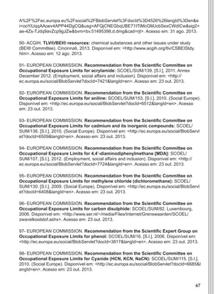 67
A%2F%2Fec.europa.eu%2Fsocial%2FBlobServlet%3FdocId%3D4526%26langId%3Den&e
i=ooYiUqqAAoev4APP44DgCQ&usg=AFQjCNEGbqUBE71ITtMcGMJcbSexCWdICw&sig2=
ae-4Zs-TJdq9avZcp9gJZw&bvm=bv.51495398,d.dmg&cad=rjt>. Acesso em: 31 ago. 2013.
90- ACGIH. TLV®/BEI® resources: chemical substances and other issues under study
(BEI® Committee). Cincinnati, 2013. Disponível em: <http://www.acgih.org/tlv/CSBEIStdy.
htm>. Acesso em: 12 ago. 2013.
91- EUROPEAN COMMISSION. Recommendation from the Scientific Committee on
Occupational Exposure Limits for acrylamide: SCOEL/SUM/139. [S.l.], 2011. Annex
December 2012. (Employment, social affairs and inclusion). Disponível em: <http://
ec.europa.eu/social/BlobServlet?docId=7421&langId=en>. Acesso em: 23 out. 2013.
92- EUROPEAN COMMISSION. Recommendation from the Scientific Committee on
Occupational Exposure Limits for aniline: SCOEL/SUM/153. [S.l.], 2010. (Social Europe).
Disponível em: <http://ec.europa.eu/social/BlobServlet?docId=6512&langId=en>. Acesso
em: 23 out. 2013.
93- EUROPEAN COMMISSION. Recommendation from the Scientific Committee on
Occupational Exposure Limits for cadmium and its inorganic compounds: SCOEL/
SUM/136. [S.l.], 2010. (Social Europe). Disponível em: <http://ec.europa.eu/social/BlobServl
et?docId=6509&langId=en>. Acesso em: 23 out. 2013.
94- EUROPEAN COMMISSION. Recommendation from the Scientific Committee on
Occupational Exposure Limits for 4,4’-diaminodiphenylmethane [MDA]: SCOEL/
SUM/107. [S.l.], 2012. (Employment, social affairs and inclusion). Disponível em: <http://
ec.europa.eu/social/BlobServlet?docId=7724&langId=en>. Acesso em: 23 out. 2013.
95- EUROPEAN COMMISSION. Recommendation from the Scientific Committee on
Occupational Exposure Limits for methylene chloride (dichloromethane): SCOEL/
SUM/130. [S.l.], 2009. (Social Europe). Disponível em: <http://ec.europa.eu/social/BlobServl
et?docId=6408&langId=en>. Acesso em: 23 out. 2013.
96- EUROPEAN COMMISSION. Recommendation from the Scientific Committee on
Occupational Exposure Limits for carbon disulphide: SCOEL/SUM/82. Luxembourg,
2006. Disponível em: <http://www.ser.nl/~/media/Files/Internet/Grenswaarden/SCOEL/
zwavelkoolstof.ashx>. Acesso em: 23 out. 2013.
97- EUROPEAN COMMISSION. Recommendation from the Scientific Expert Group on
Occupational Exposure Limits for phenol: SCOEL/SUM/16. [S.l.], 2006. Disponível em:
<http://ec.europa.eu/social/BlobServlet?docId=3817&langId=en>. Acesso em: 23 out. 2013.
98- EUROPEAN COMMISSION. Recommendation from the Scientific Committee on
Occupational Exposure Limits for Cyanide (HCN, KCN, NaCN): SCOEL/SUM/115. [S.l.],
2010. (Social Europe). Disponível em: <http://ec.europa.eu/social/BlobServlet?docId=6685&l
angId=en>. Acesso em: 23 out. 2013.
Manual Controle Medico.indd 67 17/3/2014 12:05:55
 