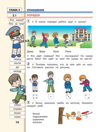 1414
1 В каком порядке ребята идут в школу?
Кто идёт первым? Кто – последним? На каком
месте Катя? Кто идёт за ней? На каком он месте?
2 Точками показано, кто за кем шёл из шко-
лы. Составьте рассказ по рисунку.
3 Белка нанизала грибы на веточку. Назовите
каждый гриб.
2.1
Кто какой?
Кто за кем?
перед
после
до
между
справа
выше
ниже
ГЛАВА 2
белый
подосиновик
сыроежка
лисичка
слева
Дима Вова Катя Петя
ОТНОШЕНИЯОТНОШЕНИЯ
ПОРЯДОКПОРЯДОК
 
