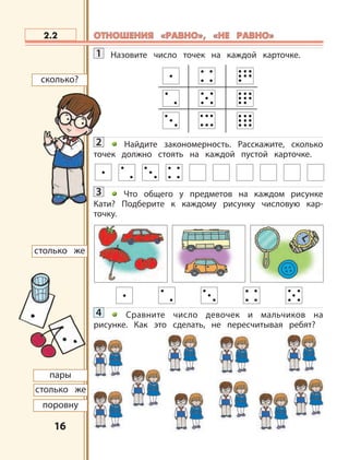 1616
2.2
сколько?
столько же
столько же
поровну
пары
ОТНОШЕНИЯ «РАВНО», «НЕ РАВНО»ОТНОШЕНИЯ «РАВНО», «НЕ РАВНО»
1 Назовите число точек на каждой карточке.
2 Найдите закономерность. Расскажите, сколько
точек должно стоять на каждой пустой карточке.
3 Что общего у предметов на каждом рисунке
Кати? Подберите к каждому рисунку числовую кар-
точку.
4 Сравните число девочек и мальчиков на
рисунке. Как это сделать, не пересчитывая ребят?
 