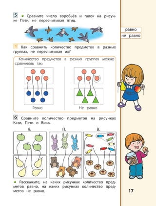 1717
равно
не равно
5 Сравните число воробьёв и галок на рисун-
ке Пети, не пересчитывая птиц.
?! Как сравнить количество предметов в разных
группах, не пересчитывая их?
Количество предметов в разных группах можно
сравнивать так:
Равно Не равно
6 Сравните количество предметов на рисунках
Кати, Пети и Вовы.
Расскажите, на каких рисунках количество пред-
метов равно, на каких рисунках количество пред-
метов не равно.
К. П. В.
 