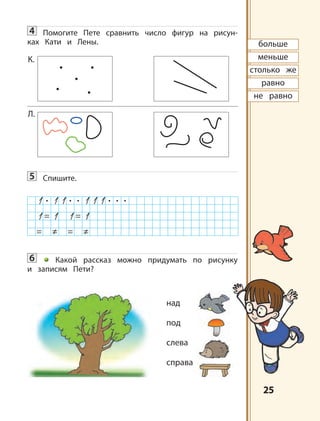 2525
4 Помогите Пете сравнить число фигур на рисун-
ках Кати и Лены.
5 Спишите.
6 Какой рассказ можно придумать по рисунку
и записям Пети?
больше
меньше
столько же
равно
не равно
над
под
слева
справа
К.
Л.
 