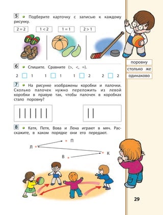 2929
5 Подберите карточку с записью к каждому
рисунку.
6 Спишите. Сравните (>, <, =).
7 На рисунке изображены коробки и палочки.
Сколько палочек нужно переложить из левой
коробки в правую так, чтобы палочек в коробках
стало поровну?
8 Катя, Петя, Вова и Лена играют в мяч. Рас-
скажите, в каком порядке они его передают.
12 11 21 22
Л
В
К
П
поровну
столько же
одинаково
2 = 2 1 = 11 < 2 2 > 1
 