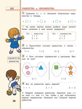3030
1 Сравните (>, <, =). Запишите полученные нера-
венства в тетрадь.
1 1 1 2 2 2 2 1
?! На какие группы можно разбить ваши записи?
Какие названия к ним можно придумать?
Это – равенства Это – неравенства
1 = 1 1 < 2
2 = 2 2 > 1
2 Прочитайте сначала равенства, а потом –
неравенства.
1 = 1 1 < 2 2 = 2 2 > 1
3 Петя составил неравенства к рисункам. Вер-
ные ли они?
4 Все ли равенства здесь верные?
1 = 1 2 = 1 2 = 2
Найдите неверное равенство. Замените знак «=»
на знак «>» или «<» так, чтобы у вас получилось
верное неравенство. Запишите его. Спишите верные
равенства.
3.5
2 > 1 1 < 2
неравенства
равенства
РАВЕНСТВА и НЕРАВЕНСТВАРАВЕНСТВА и НЕРАВЕНСТВА
 