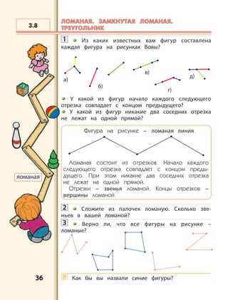 3636
1 Из каких известных вам фигур составлена
каждая фигура на рисунках Вовы?
У какой из фигур начало каждого следующего
отрезка совпадает с концом предыдущего?
У какой из фигур никакие два соседних отрезка
не лежат на одной прямой?
Фигура на рисунке – ломаная линия.
Ломаная состоит из отрезков. Начало каждого
следующего отрезка совпадает с концом преды-
дущего. При этом никакие два соседних отрезка
не лежат на одной прямой.
Отрезки – звенья ломаной. Концы отрезков –
вершины ломаной.
2 Сложите из палочек ломаную. Сколько зве-
ньев в вашей ломаной?
3 Верно ли, что все фигуры на рисунке –
ломаные?
?! Как бы вы назвали синие фигуры?
3.8
ломаная
а)
б)
в)
д)
г)
ЛОМАНАЯ. ЗАМКНУТАЯ ЛОМАНАЯ.ЛОМАНАЯ. ЗАМКНУТАЯ ЛОМАНАЯ.
ТРЕУГОЛЬНИКТРЕУГОЛЬНИК
 