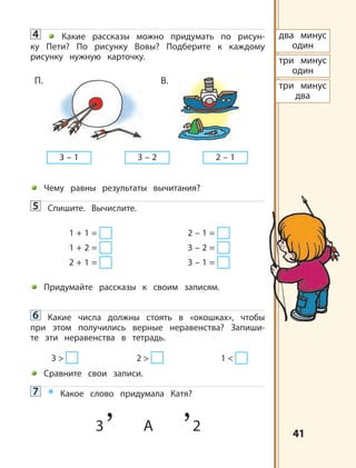 4141
4 Какие рассказы можно придумать по рисун-
ку Пети? По рисунку Вовы? Подберите к каждому
рисунку нужную карточку.
Чему равны результаты вычитания?
5 Спишите. Вычислите.
1 + 1 = 2 – 1 =
1 + 2 = 3 – 2 =
2 + 1 = 3 – 1 =
Придумайте рассказы к своим записям.
6 Какие числа должны стоять в «окошках», чтобы
при этом получились верные неравенства? Запиши-
те эти неравенства в тетрадь.
3 > 2 > 1 <
Сравните свои записи.
7 * Какое слово придумала Катя?
3 – 1 3 – 2 2 – 1
П. В.
два минус
один
три минус
один
три минус
два
3 2А
 