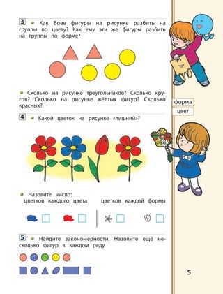 5
цвет
форма
3 Как Вове фигуры на рисунке разбить на
группы по цвету? Как ему эти же фигуры разбить
на группы по форме?
Сколько на рисунке треугольников? Сколько кру-
гов? Сколько на рисунке жёлтых фигур? Сколько
красных?
4 Какой цветок на рисунке «лишний»?
Назовите число:
цветков каждого цвета цветков каждой формы
5 Найдите закономерности. Назовите ещё не-
сколько фигур в каждом ряду.
 