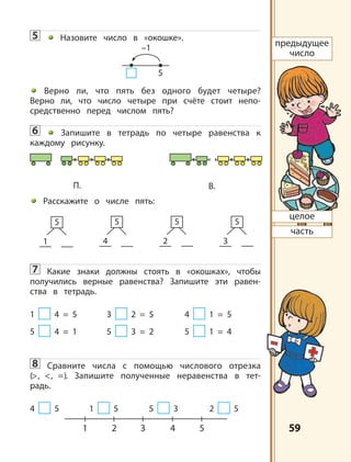 5959
5 Назовите число в «окошке».
Верно ли, что пять без одного будет четыре?
Верно ли, что число четыре при счёте стоит непо-
средственно перед числом пять?
6 Запишите в тетрадь по четыре равенства к
каждому рисунку.
Расскажите о числе пять:
7 Какие знаки должны стоять в «окошках», чтобы
получились верные равенства? Запишите эти равен-
ства в тетрадь.
1 4 = 5 3 2 = 5 4 1 = 5
5 4 = 1 5 3 = 2 5 1 = 4
8 Сравните числа с помощью числового отрезка
(>, <, =). Запишите полученные неравенства в тет-
радь.
4 5 1 5 5 3 2 5
1 2 3 4 5
1
5
4
5
2
5
3
5
целое
часть
предыдущее
число
–1
5
П. В.
 