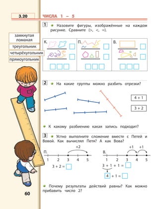 6060
1 Назовите фигуры, изображённые на каждом
рисунке. Сравните (>, <, =).
2 На какие группы можно разбить отрезки?
К какому разбиению какая запись подходит?
3 Устно выполните сложение вместе с Петей и
Вовой. Как вычислял Петя? А как Вова?
Почему результаты действий равны? Как можно
прибавить число 2?
3.20
4 + 1
3 + 2
замкнутая
ломаная
треугольник
прямоугольник
К. П. В.
ЧИСЛА 1 – 5ЧИСЛА 1 – 5
четырёхугольник
1
+2
2 3 4 5
3 + 2 =
П. В.
1
+1 +1
2 3 4 5
3 + 1 + 1 =
4 + 1 =
 