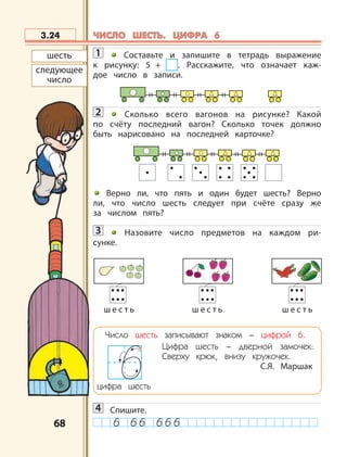 6868
1 Составьте и запишите в тетрадь выражение
к рисунку: 5 + . Расскажите, что означает каж-
дое число в записи.
2 Сколько всего вагонов на рисунке? Какой
по счёту последний вагон? Сколько точек должно
быть нарисовано на последней карточке?
Верно ли, что пять и один будет шесть? Верно
ли, что число шесть следует при счёте сразу же
за числом пять?
3 Назовите число предметов на каждом ри-
сунке.
Число шесть записывают знаком – цифрой 6.
Цифра шесть – дверной замочек:
Сверху крюк, внизу кружочек.
С.Я. Маршак
цифра шесть
4 Спишите.
3.24
шесть
следующее
число
ш е с т ь ш е с т ь ш е с т ь
ЧИСЛО ШЕСТЬ. ЦИФРА 6ЧИСЛО ШЕСТЬ. ЦИФРА 6
 