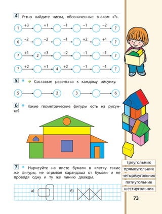 7373
4 Устно найдите числа, обозначенные знаком «?».
5 * Составьте равенства к каждому рисунку.
6 * Какие геометрические фигуры есть на рисун-
ке?
7 * Нарисуйте на листе бумаги в клетку такие
же фигуры, не отрывая карандаша от бумаги и не
проводя одну и ту же линию дважды.
1
+3 +1 –1 –1 –2
?
6
–2 –2 –1 +2 +1
?
?
+1
2
+3 –2 –1 –1
?
?
+2 +1
4
+2 –1 –1
?
5 2 3 6
треугольник
прямоугольник
четырёхугольник
пятиугольник
шестиугольника) б)
 