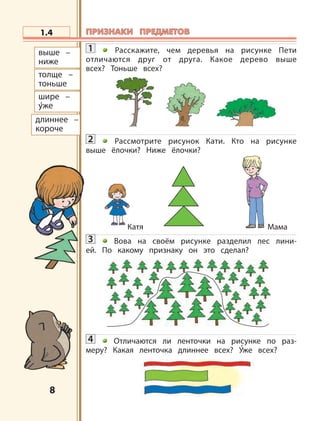 8
1 Расскажите, чем деревья на рисунке Пети
отличаются друг от друга. Какое дерево выше
всех? Тоньше всех?
2 Рассмотрите рисунок Кати. Кто на рисунке
выше ёлочки? Ниже ёлочки?
3 Вова на своём рисунке разделил лес лини-
ей. По какому признаку он это сделал?
4 Отличаются ли ленточки на рисунке по раз-
меру? Какая ленточка длиннее всех? У’же всех?
1.4
выше –
ниже
толще –
тоньше
шире –
уже
длиннее  –
короче
Катя Мама
ПРИЗНАКИ ПРЕДМЕТОВПРИЗНАКИ ПРЕДМЕТОВ
 