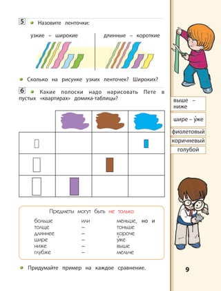9
5 Назовите ленточки:
узкие – широкие длинные – короткие
Сколько на рисунке узких ленточек? Широких?
6 Какие полоски надо нарисовать Пете в
пустых «квартирах» домика-таблицы?
Предметы могут быть не только
больше или меньше, но и
толще – тоньше
длиннее – короче
шире – у’же
ниже – выше
глубже – мельче
Придумайте пример на каждое сравнение.
выше –
ниже
шире – у
,
же
фиолетовый
коричневый
голубой
 