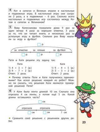 2323
см
отрезала отрезала
см см см?
р.
за отметки за чтение за футбол
р. р. р.
4 Кот в сапогах и Великан играли в настольные
и подвижные игры. В настольные игры они сыгра-
ли 2 раза, а в подвижные – 6 раз. Сколько всего
настольных и подвижных игр состоялось между Ко-
том в сапогах и Великаном?
5 Вову Колесникова похвалили дома 9 раз за
один вечер: 4 раза за хорошие отметки, 3 раза
за то, что он читает книги, и несколько раз за
успешную игру в футбол. Сколько раз Вову хвали-
ли за игру в футбол?
Петя и Катя решили эту задачу так:
Петя Катя
1) 4 + 3 = 7 (р.) 1) 9 – 4 = 5 (р.)
2) 9 – 7 = 2 (р.) 2) 5 – 3 = 2 (р.)
Ответ: 2 раза. Ответ: 2 раза.
Почему ответы Пети и Кати получились одинако-
выми? Как искал решение каждый из ребят? Мож-
но ли сказать, что решения Кати являются провер-
кой решений Пети?
6 У Кати была лента длиной 10 см. Сначала она
отрезала 4 см ленты, а потом ещё 5 см. Какой
длины оставшаяся часть?
Сравните своё решение с решением других ре-
бят.
 