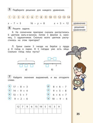 3535
5 Подберите решение для каждого уравнения.
x – 7 = 5 16 – y = 8 x + 5 = 12
6 Решите задачи.
К. На солнечном пригорке сначала распустились
6 цветков мать-и-мачехи, потом 3 фиалки и, нако-
нец, 5 одуванчиков. Сколько всего цветков распу-
стилось на этом пригорке?
Л. Грачи свили 3 гнезда на берёзе у пруда
и 8 гнёзд в парке. В 5 гнёздах уже есть яйца.
Сколько гнёзд пока пусты?
а) б)
7 Найдите значения выражений, и вы отгадаете
слово.
к 17 – 8 + 3 р 8 + 6 – 7
а 14 – 9 + 4 п 9 + 5 – 8
и 13 – 5 + 7 в 6 + 6 + 7
н 9 + 2 – 6 ц 18 – 9 – 6
12 7 9 6 15 19 5 15 3 9
1 2 3 4 5 6 7 8 9 10 11 12 13 14
уравнение
решение
уравнения
? +
?
 