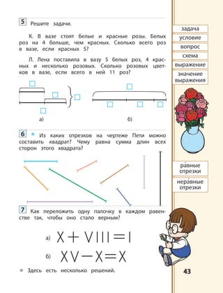 4343
а) б)
задача
условие
вопрос
схема
выражение
значение
выражения
ра’вные
отрезки
нера’вные
отрезки
а)
б)
5 Решите задачи.
К. В вазе стоят белые и красные розы. Белых
роз на 4 больше, чем красных. Сколько всего роз
в вазе, если красных 5?
Л. Лена поставила в вазу 5 белых роз, 4 крас-
ных и несколько розовых. Сколько розовых цвет-
ков в вазе, если всего в ней 11 роз?
6 * Из каких отрезков на чертеже Пети можно
составить квадрат? Чему равна сумма длин всех
сторон этого квадрата?
7 Как переложить одну палочку в каждом равен-
стве так, чтобы оно стало верным?
Здесь есть несколько решений.
 