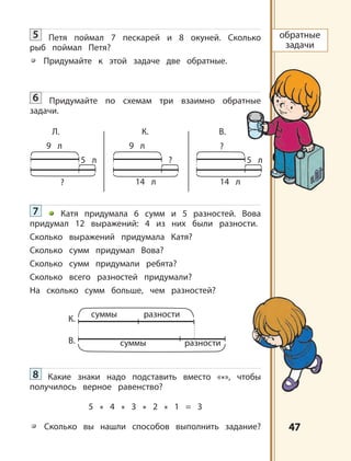 4747
5 Петя поймал 7 пескарей и 8 окуней. Сколько
рыб поймал Петя?
Придумайте к этой задаче две обратные.
6 Придумайте по схемам три взаимно обратные
задачи.
7 Катя придумала 6 сумм и 5 разностей. Вова
придумал 12 выражений: 4 из них были разности.
Сколько выражений придумала Катя?
Сколько сумм придумал Вова?
Сколько сумм придумали ребята?
Сколько всего разностей придумали?
На сколько сумм больше, чем разностей?
8 Какие знаки надо подставить вместо «*», чтобы
получилось верное равенство?
5 * 4 * 3 * 2 * 1 = 3
Сколько вы нашли способов выполнить задание?
К.
В.
суммы разности
разностисуммы
обратные
задачи
?
Л. К. В.
9 л
5 л
14 л
9 л
?
14 л
?
5 л
 