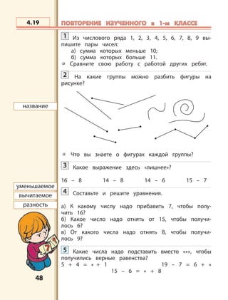 4848
название
уменьшаемое
вычитаемое
разность
4.19 ПОВТОРЕНИЕ ИЗУЧЕННОГО в 1-м КЛАССЕПОВТОРЕНИЕ ИЗУЧЕННОГО в 1-м КЛАССЕ
1 Из числового ряда 1, 2, 3, 4, 5, 6, 7, 8, 9 вы-
пишите пары чисел:
а) сумма которых меньше 10;
б) сумма которых больше 11.
Сравните свою работу с работой других ребят.
2 На какие группы можно разбить фигуры на
рисунке?
Что вы знаете о фигурах каждой группы?
3 Какое выражение здесь «лишнее»?
16 – 8 14 – 8 14 – 6 15 – 7
4 Составьте и решите уравнения.
а) К какому числу надо прибавить 7, чтобы полу-
чить 16?
б) Какое число надо отнять от 15, чтобы получи-
лось 6?
в) От какого числа надо отнять 8, чтобы получи-
лось 9?
5 Какие числа надо подставить вместо «*», чтобы
получились верные равенства?
5 + 4 = * + 1 19 – 7 = 6 + *
15 – 6 = * + 8
 