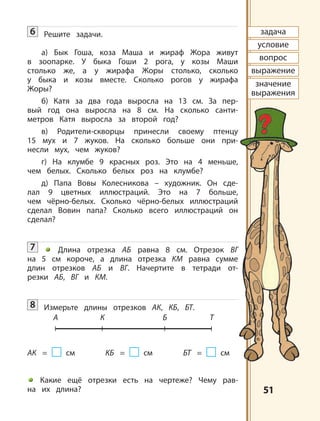 5151
6 Решите задачи.
а) Бык Гоша, коза Маша и жираф Жора живут
в зоопарке. У быка Гоши 2 рога, у козы Маши
столько же, а у жирафа Жоры столько, сколько
у быка и козы вместе. Сколько рогов у жирафа
Жоры?
б) Катя за два года выросла на 13 см. За пер-
вый год она выросла на 8 см. На сколько санти-
метров Катя выросла за второй год?
в) Родители-скворцы принесли своему птенцу
15 мух и 7 жуков. На сколько больше они при-
несли мух, чем жуков?
г) На клумбе 9 красных роз. Это на 4 меньше,
чем белых. Сколько белых роз на клумбе?
д) Папа Вовы Колесникова – художник. Он сде-
лал 9 цветных иллюстраций. Это на 7 больше,
чем чёрно-белых. Сколько чёрно-белых иллюстраций
сделал Вовин папа? Сколько всего иллюстраций он
сделал?
7 Длина отрезка АБ равна 8 см. Отрезок ВГ
на 5 см короче, а длина отрезка КМ равна сумме
длин отрезков АБ и ВГ. Начертите в тетради от-
резки АБ, ВГ и КМ.
8 Измерьте длины отрезков АК, КБ, БТ.
АК = см КБ = см БТ = см
Какие ещё отрезки есть на чертеже? Чему рав-
на их длина?
А К Б Т
задача
условие
вопрос
выражение
значение
выражения
 