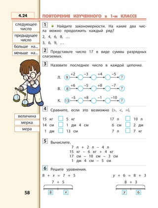 5858
7 + 5 8 + 3
8 х 6у
следующее
число
предыдущее
число
больше на...
меньше на...
величина
мерка
мера
9
+2 –3 –5
?
8
+6 –5 +8 –7
?
13
–5 +8 –1 –10
?
Л.
В.
К.
+4
4.24 ПОВТОРЕНИЕ ИЗУЧЕННОГО в 1-м КЛАССЕПОВТОРЕНИЕ ИЗУЧЕННОГО в 1-м КЛАССЕ
1 Найдите закономерности. На какие два чис-
ла можно продолжить каждый ряд?
2, 4, 6, 8, …
3, 6, 9, …
2 Представьте число 17 в виде суммы разрядных
слагаемых.
3 Назовите последнее число в каждой цепочке.
4 Сравните, если это возможно (>, <, =).
15 кг 5 кг 17 л 10 л
14 см 1 дм 4 см 6 см 2 дм
1 дм 13 см 7 л 7 кг
5 Вычислите.
7 л + 2 л – 4 л
15 кг – 6 кг + 4 кг
17 см – 10 см – 3 см
1 дм 4 см – 5 см
6 Решите уравнения.
8 + х = 7 + 5 у + 6 = 8 + 3
 