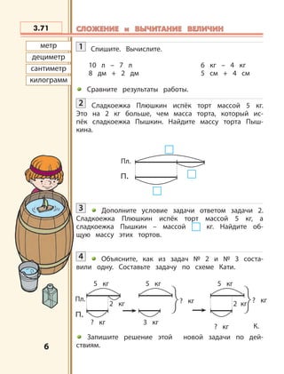 6
1 Спишите. Вычислите.
10 л – 7 л 6 кг – 4 кг
8 дм + 2 дм 5 см + 4 см
Сравните результаты работы.
2 Сладкоежка Плюшкин испёк торт массой 5 кг.
Это на 2 кг больше, чем масса торта, который ис-
пёк сладкоежка Пышкин. Найдите массу торта Пыш-
кина.
3 Дополните условие задачи ответом задачи 2.
Сладкоежка Плюшкин испёк торт массой 5 кг, а
сладкоежка Пышкин – массой кг. Найдите об-
щую массу этих тортов.
4 Объясните, как из задач № 2 и № 3 соста-
вили одну. Составьте задачу по схеме Кати.
Запишите решение этой новой задачи по дей-
ствиям.
метр
дециметр
сантиметр
килограмм
Пл.
5 кг
2 кг
? кг
? кг К.
5 кг
2 кг
5 кг
3 кг
П.
? кг ? кг
3.71 СЛОЖЕНИЕ и ВЫЧИТАНИЕ ВЕЛИЧИНСЛОЖЕНИЕ и ВЫЧИТАНИЕ ВЕЛИЧИН
Пл.
П.
 