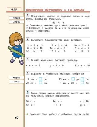 6060
число
цифра
мерка
мера
4.25 ПОВТОРЕНИЕ ИЗУЧЕННОГО в 1-м КЛАССЕПОВТОРЕНИЕ ИЗУЧЕННОГО в 1-м КЛАССЕ
1 Представьте каждое из заданных чисел в виде
суммы разрядных слагаемых.
15; 17; 12.
Расскажите, сколько здесь чисел, сколько цифр.
Составьте с числом 12 и его разрядными слага-
емыми 4 равенства.
2 Вычислите. Комментируйте свои действия.
2 + 6 + 3 7 + 5 – 10 10 – 7 – 3
8 – 5 + 10 14 – 4 + 6 6 + 4 + 5
12 – 6 – 1 7 + 7 – 5 7 + 8 – 9
3 Решите уравнения. Сделайте проверку.
х + 4 = 7 у – 7 = 9 18 – х = 10
4 Выразите в указанных единицах измерения.
1 дм = см 15 см = дм см
20 см = дм 1 дм 2 см = см
5 Какие числа нужно подставить вместо « », что-
бы получились верные неравенства?
10 < * 14 > * * < 10
12 < * * > 3 20 > *
Сравните свою работу с работами других ребят.
 