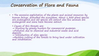 Conservation of Flora and Fauna
• • The excessive exploitation of the plants and animal resources by
human beings, disturbed the ecosystem. About 1,300 plant species
are endangered and 20 species are extinct also few animals are
endangered and some have become extinct.
• Causes of this threats are:
→ tfunting by greedy hunters for commercial purposes.
→Pollution due to chemical and industrial waste and acid
deposits
→ Introduction of alien species
→Reckless cutting of the forests to bring land under cultivation
and inhabitation.
 