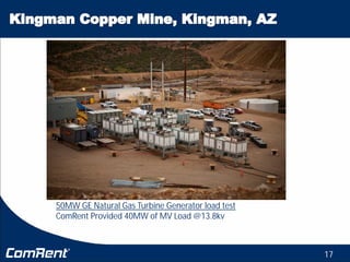 17
50MW GE Natural Gas Turbine Generator load test
ComRent Provided 40MW of MV Load @13.8kv
 