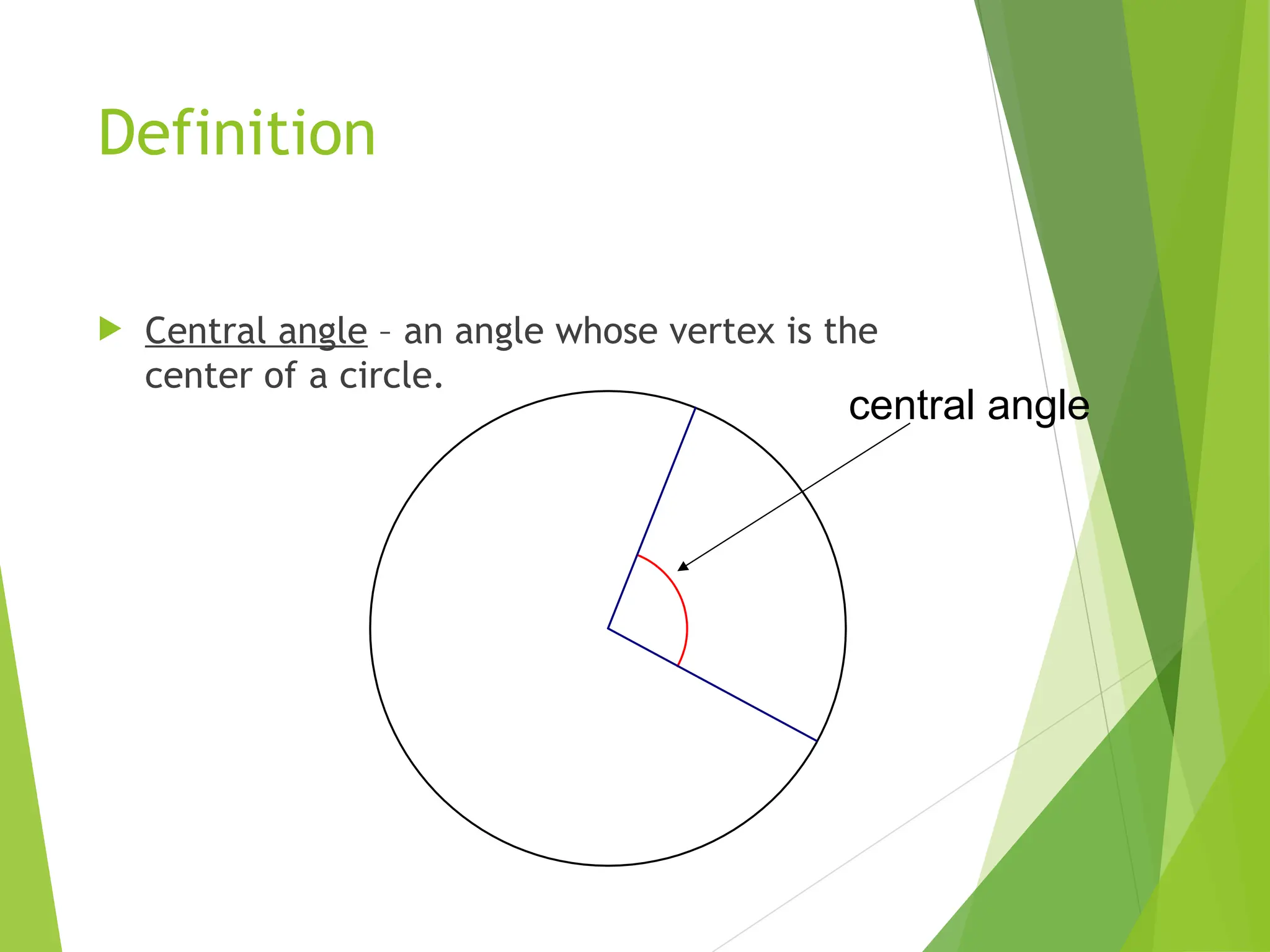 Definition
 Central angle – an angle whose vertex is the
center of a circle.
central angle
 