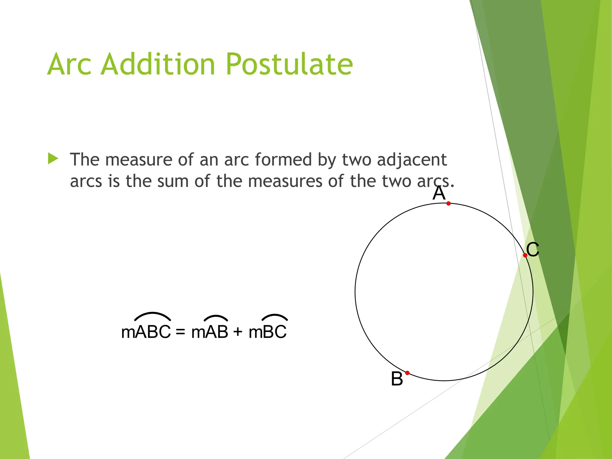 Arc Addition Postulate
 The measure of an arc formed by two adjacent
arcs is the sum of the measures of the two arcs.
A
C
B
mABC = mAB + mBC
 