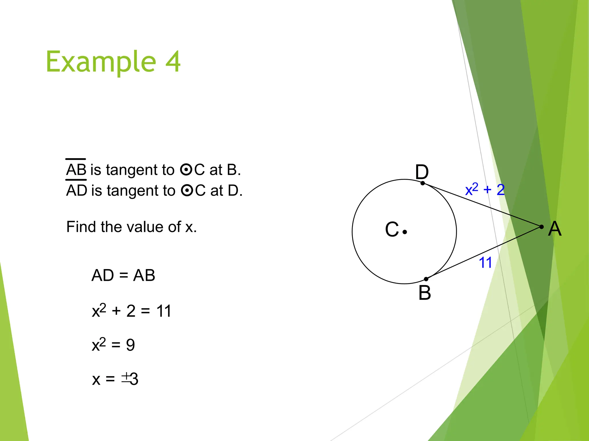 Example 4
AB is tangent to C at B.
AD is tangent to C at D.
Find the value of x.
11
x2 + 2
A
C
D
B
AD = AB
x2 + 2 = 11
x2 = 9
x = 
3
 