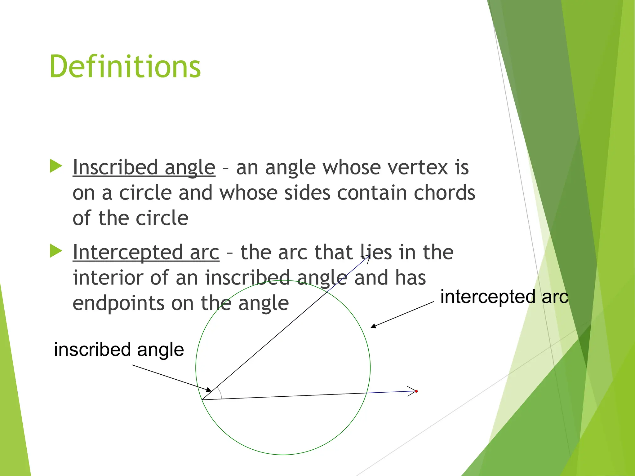 Definitions
 Inscribed angle – an angle whose vertex is
on a circle and whose sides contain chords
of the circle
 Intercepted arc – the arc that lies in the
interior of an inscribed angle and has
endpoints on the angle
inscribed angle
intercepted arc
 