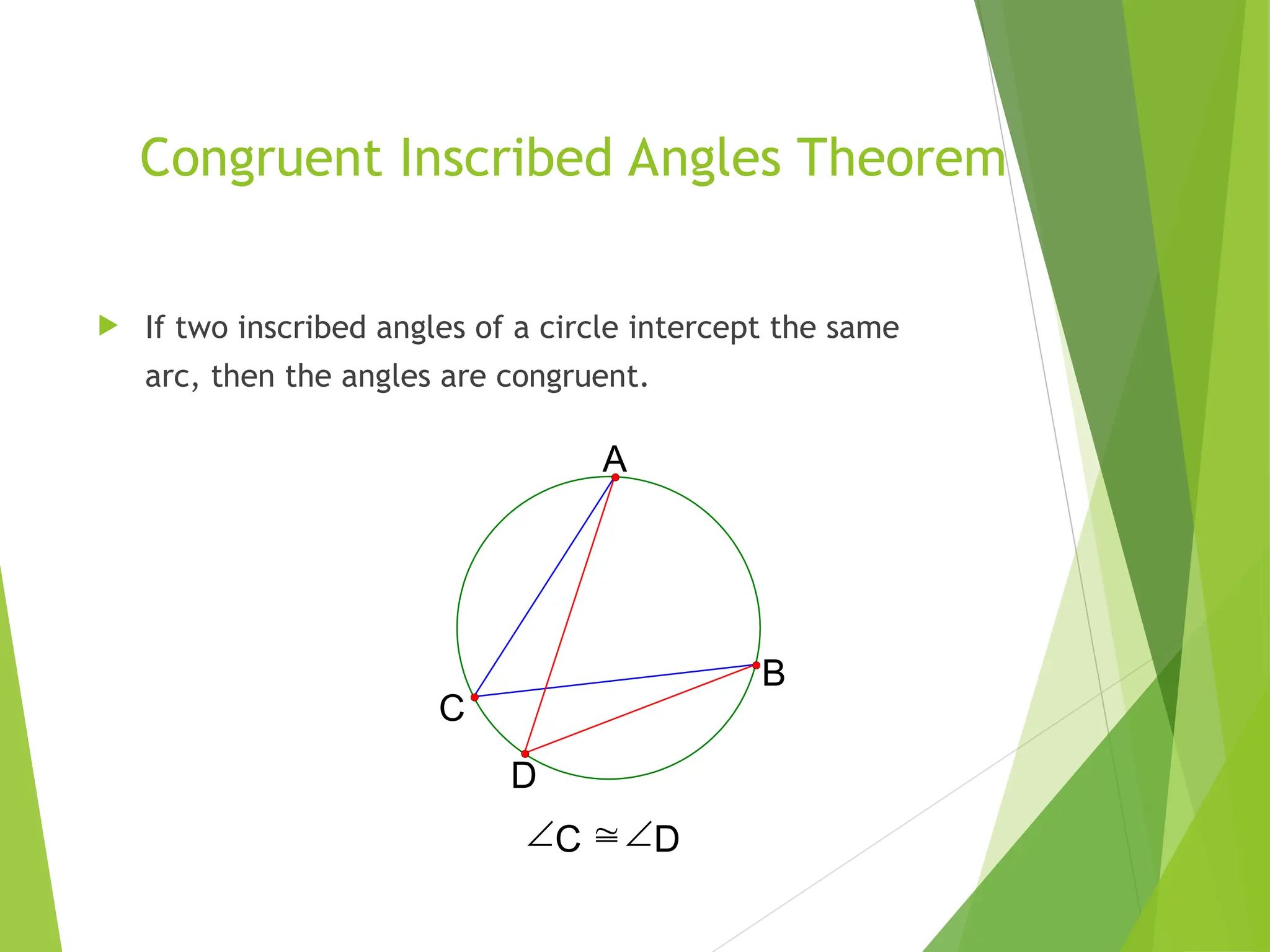 Congruent Inscribed Angles Theorem
 If two inscribed angles of a circle intercept the same
arc, then the angles are congruent.
A
C
B
D
C D
 