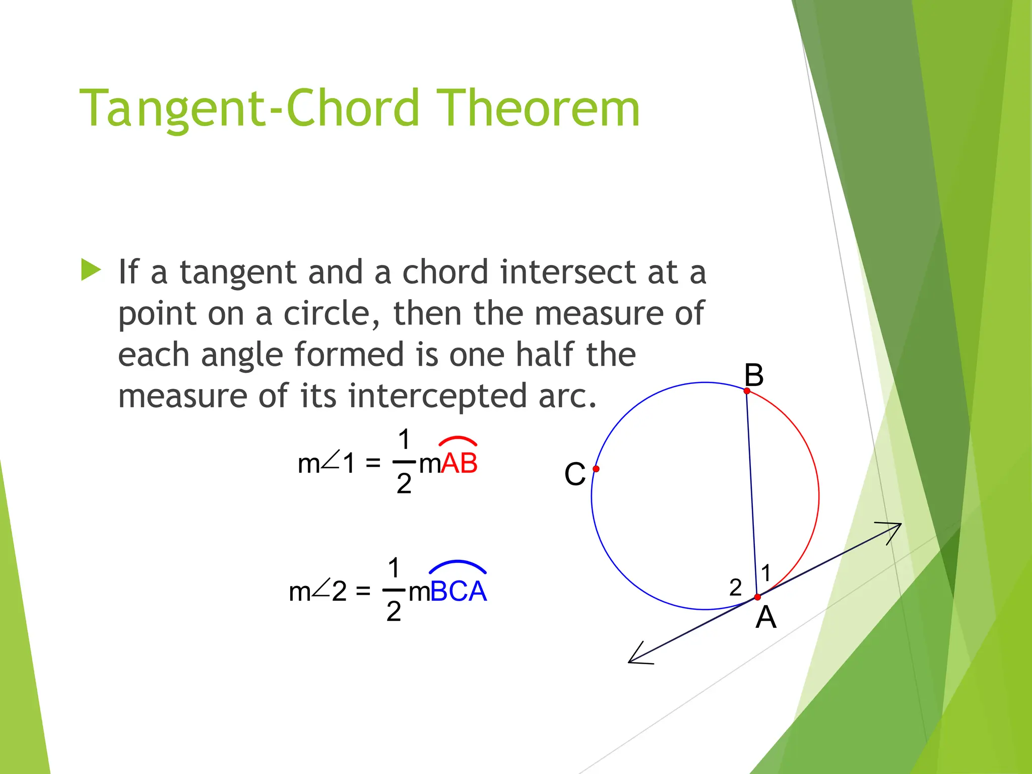 Tangent-Chord Theorem
 If a tangent and a chord intersect at a
point on a circle, then the measure of
each angle formed is one half the
measure of its intercepted arc.
2
1
B
A
C
m1 =
1
2
mAB
m2 =
1
2
mBCA
 