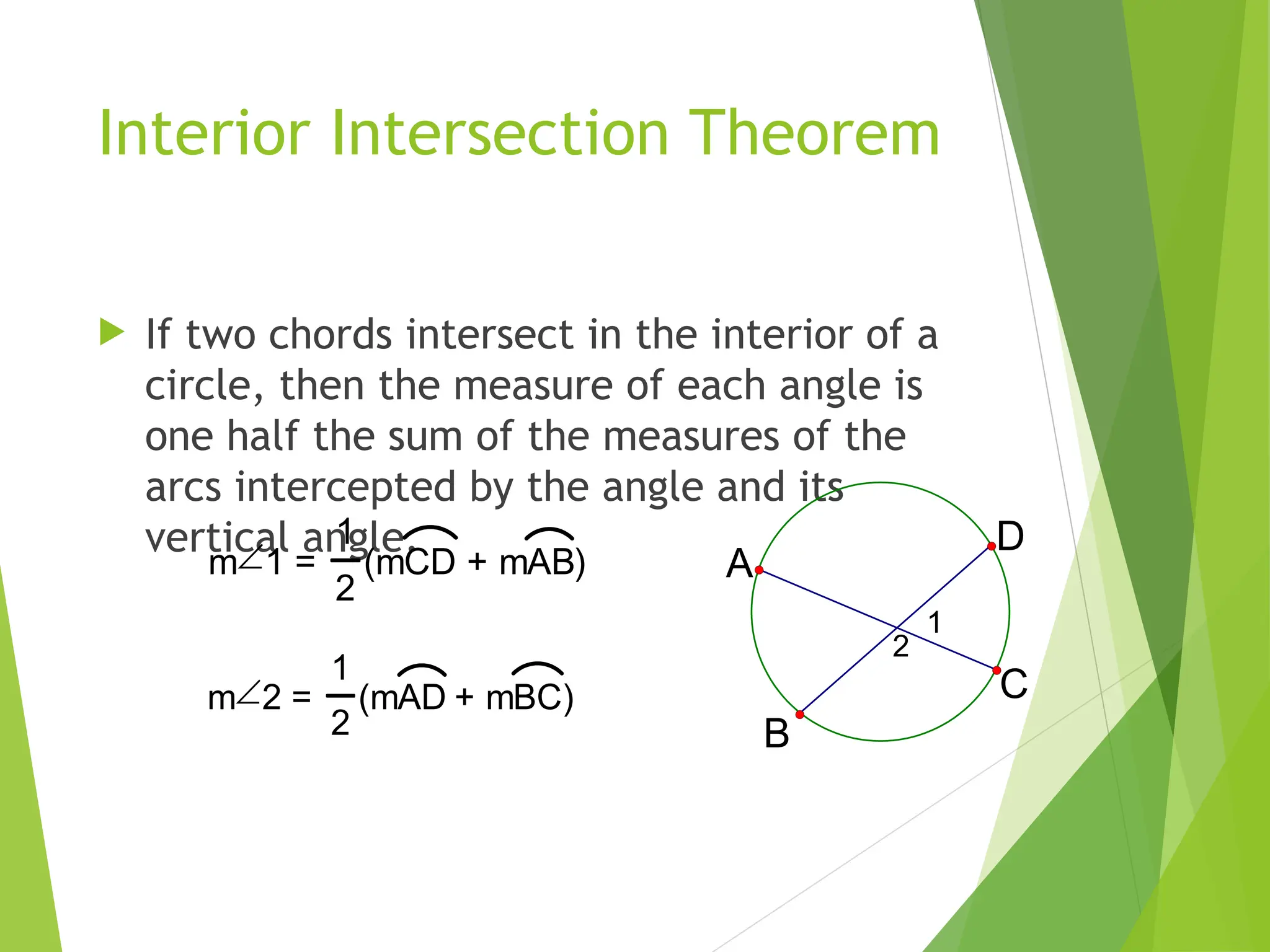 Interior Intersection Theorem
 If two chords intersect in the interior of a
circle, then the measure of each angle is
one half the sum of the measures of the
arcs intercepted by the angle and its
vertical angle.
m1 =
1
2
(mCD + mAB)
m2 =
1
2
(mAD + mBC)
2
1
A
C
D
B
 