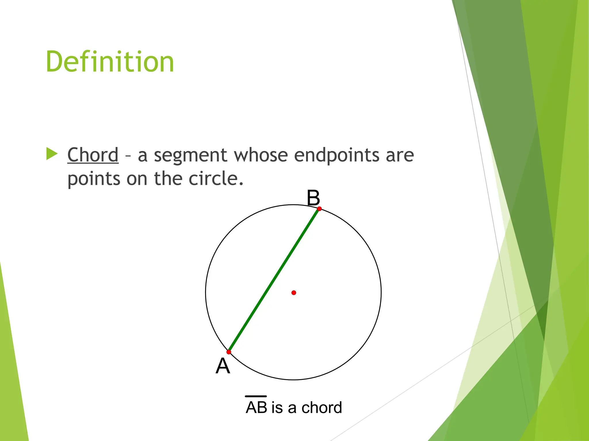 Definition
 Chord – a segment whose endpoints are
points on the circle.
AB is a chord
B
A
 