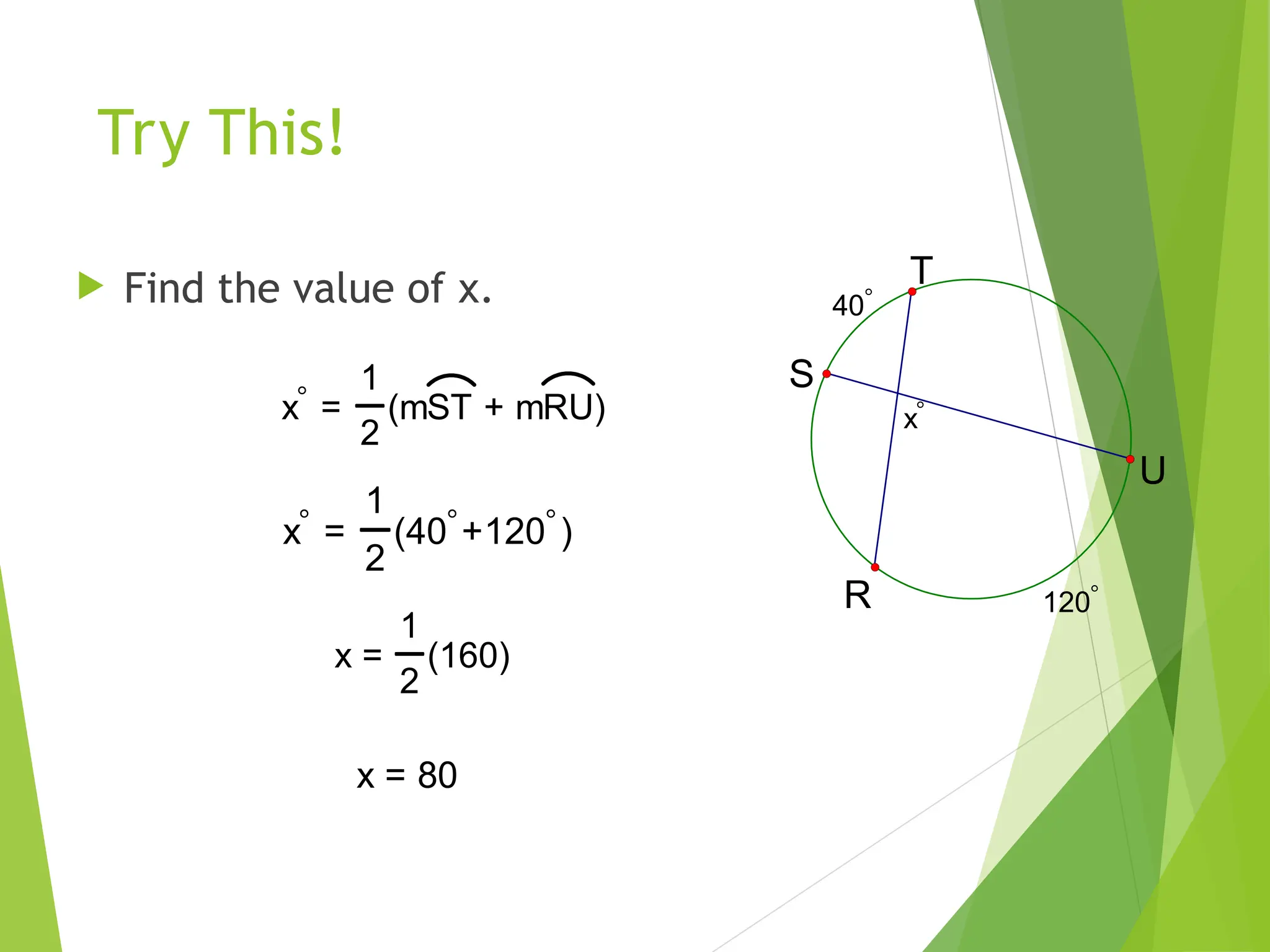 Try This!
 Find the value of x.
120
40
x
T
R
S
U
x =
1
2
(mST + mRU)
x =
1
2
(40+120)
x =
1
2
(160)
x = 80
 