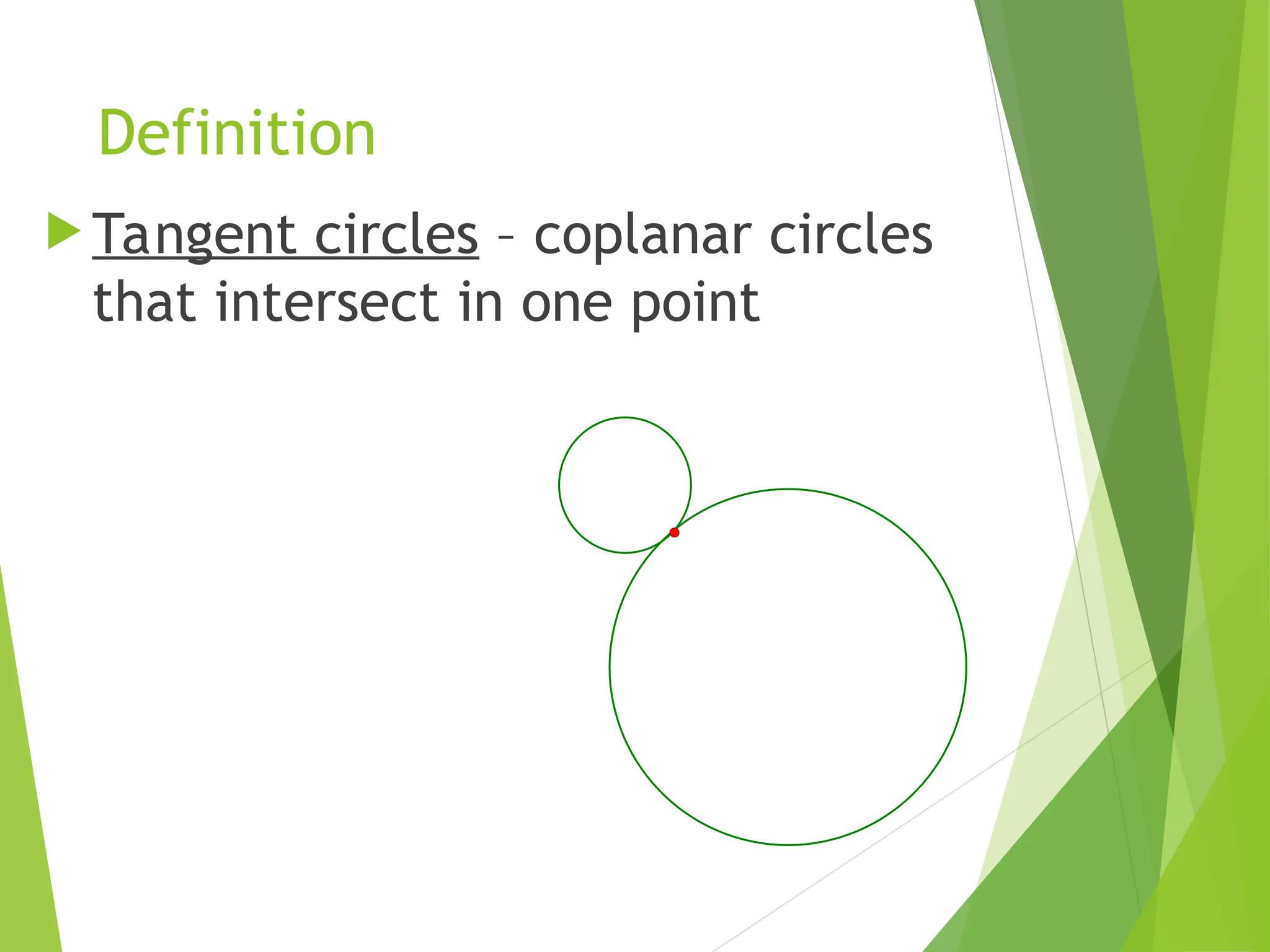 Definition
 Tangent circles – coplanar circles
that intersect in one point
 