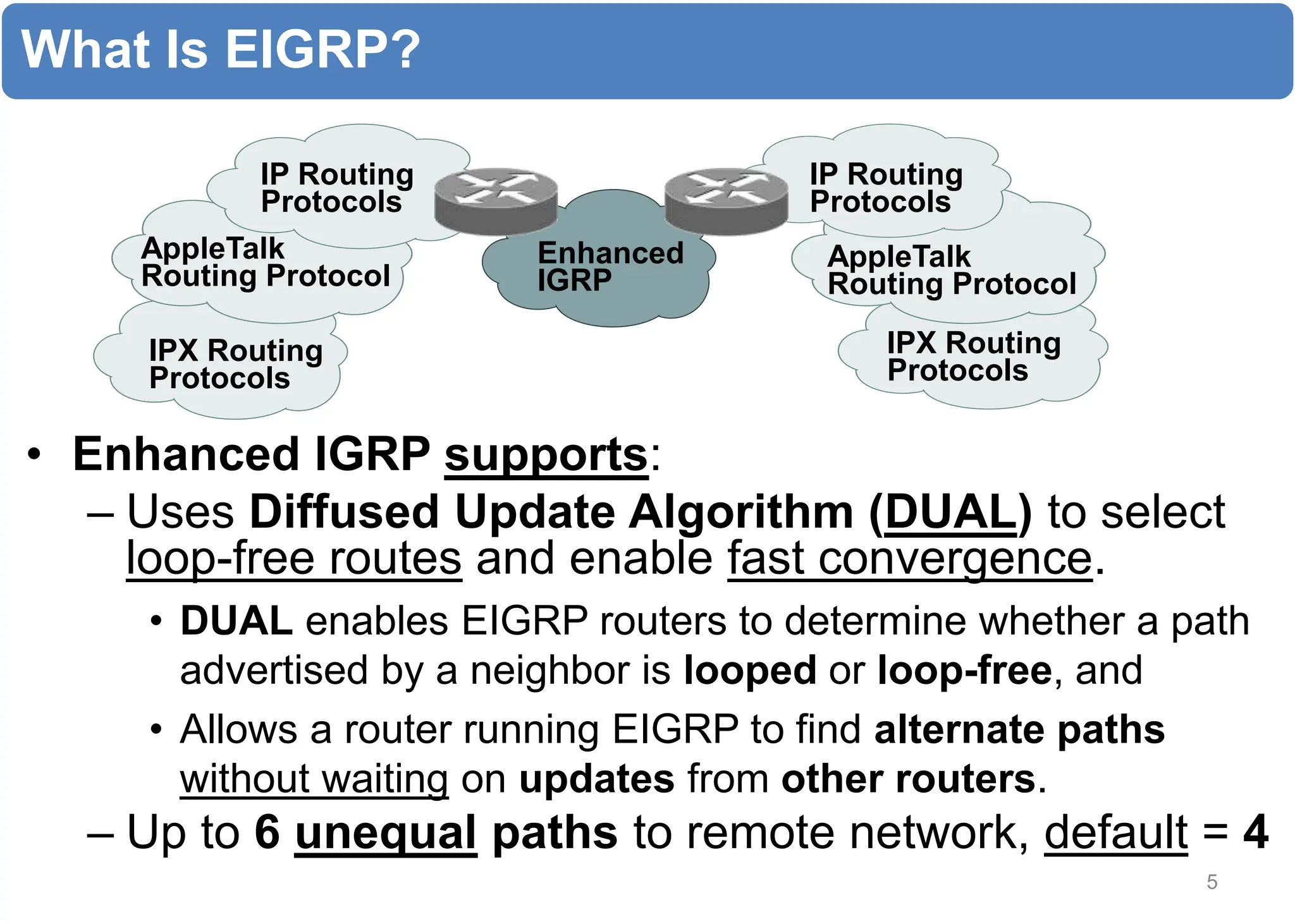 What Is EIGRP?
• Enhanced IGRP supports:
– Uses Diffused Update Algorithm (DUAL) to select
loop-free routes and enable fast convergence.
• DUAL enables EIGRP routers to determine whether a path
advertised by a neighbor is looped or loop-free, and
• Allows a router running EIGRP to find alternate paths
without waiting on updates from other routers.
– Up to 6 unequal paths to remote network, default = 4
Enhanced
IGRP
IPX Routing
Protocols
AppleTalk
Routing Protocol
IP Routing
Protocols
IPX Routing
Protocols
AppleTalk
Routing Protocol
IP Routing
Protocols
5
 