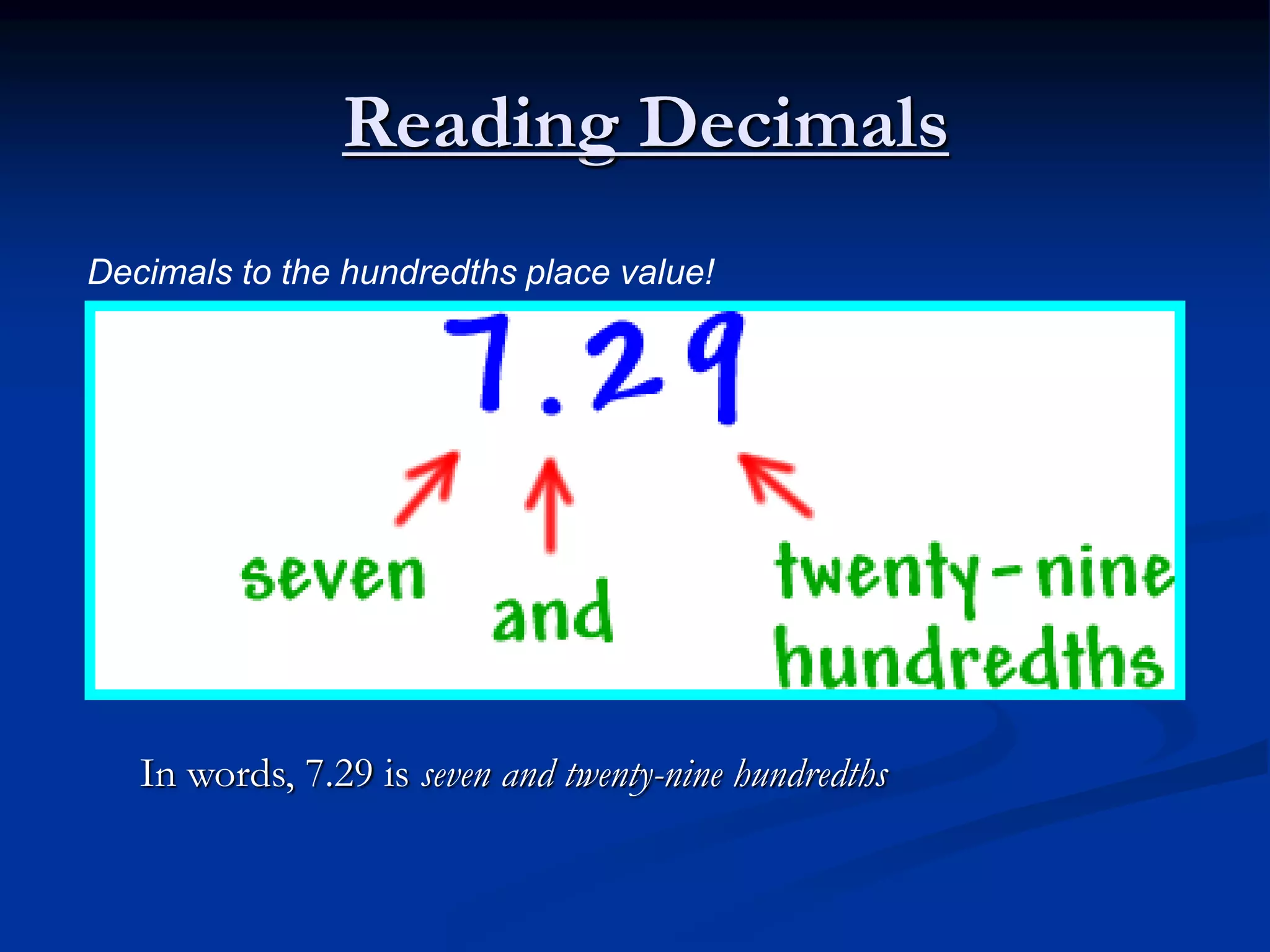 Reading Decimals
In words, 7.29 is seven and twenty-nine hundredths
Decimals to the hundredths place value!
 