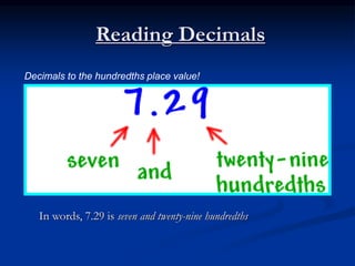 Reading Decimals
In words, 7.29 is seven and twenty-nine hundredths
Decimals to the hundredths place value!
 