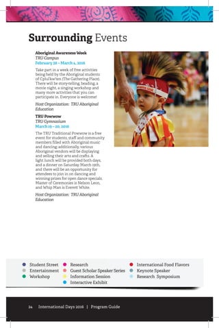 24 International Days 2016 | Program Guide
Surrounding Events
Aboriginal Awareness Week
TRU Campus
February 28 – March 4, 2016
Take part in a week of free activities
being held by the Aboriginal students
of Cplul’kw’ten (The Gathering Place).
There will be story-telling, beading, a
movie night, a singing workshop and
many more activities that you can
participate in. Everyone is welcome!
Host Organization: TRU Aboriginal
Education
TRU Powwow
TRU Gymnasium
March 19 – 20, 2016
The TRU Traditional Powwow is a free
event for students, staff and community
members filled with Aboriginal music
and dancing; additionally, various
Aboriginal vendors will be displaying
and selling their arts and crafts. A
light lunch will be provided both days,
and a dinner on Saturday, March 19th,
and there will be an opportunity for
attendees to join in on dancing and
winning prizes for open dance specials.
Master of Ceremonies is Nelson Leon,
and Whip Man is Everett White.
Host Organization: TRU Aboriginal
Education
Student Street
Entertainment
Workshop
Research
Guest Scholar Speaker Series
Information Session
Interactive Exhibit
International Food Flavors
Keynote Speaker
Research Symposium
 