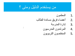 1.‫المعلمون‬
2.‫الطالب‬ ‫مساندة‬ ‫فريق‬ ‫أعضاء‬
3.‫المدرسة‬ ‫إدارة‬
4.‫المدرسيون‬ ‫المرشدون‬
5.‫التربويون‬ ‫المختصون‬
‫؟‬ ‫ومتى‬ ‫الدليل‬ ‫يستخدم‬ ‫من‬
:
 