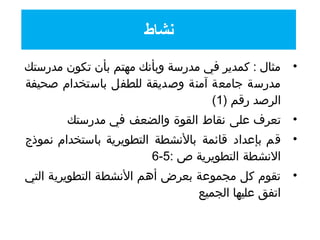 •‫مدرستك‬ ‫تكون‬ ‫بأن‬ ‫مهتم‬ ‫وبأنك‬ ‫مدرسة‬ ‫في‬ ‫كمدير‬ : ‫مثال‬
‫صحيفة‬ ‫باستخدام‬ ‫للطفل‬ ‫وصديقة‬ ‫آمنة‬ ‫جامعة‬ ‫مدرسة‬
) ‫رقم‬ ‫الرصد‬1(
•‫على‬ ‫تعرف‬‫والضعف‬ ‫القوة‬ ‫نقاط‬‫مدرستك‬ ‫في‬
•‫بإعداد‬ ‫قم‬‫التطويرية‬ ‫بالنشطة‬ ‫قائمة‬‫باستخدام‬‫نموذج‬
‫التطويرية‬ ‫النشطة‬: ‫ص‬5-6
•‫التي‬ ‫التطويرية‬ ‫النشطة‬ ‫أهم‬ ‫بعرض‬ ‫مجموعة‬ ‫كل‬ ‫تقوم‬
‫الجميع‬ ‫عليها‬ ‫اتفق‬
‫شنشاط‬
 