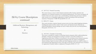 DeVry Course Descriptions
continued
 ACCT 212 - Financial Accounting
This course focuses on ways in which financial statements reflect business operations and
emphasizes use of financial statements in the decision-making process. The course encompasses all
business forms and various sectors such as merchandising, manufacturing and services. Students
make extensive use of spreadsheet applications to analyze accounting records and financial
statements. Prerequisites: COMP-100 and MATH-114 / 4-4
 BUSN 379 - Finance
This course introduces corporate financial structure and covers basic capital budgeting techniques,
including discounted cash flow analysis. Funds sources and financial resource allocation are
analyzed. Spreadsheet software packages are used to analyze data and solve case-based problems.
Prerequisite: ACCT-212 / 3-3
Additional Business, Management, and
Technology
&
Electives
Table of Contents 12
 ACCT 301 – Essentials of Accounting
This course is intended for students in technology-intensive programs, where understanding basic
principles of finance and managerial accounting is essential to successful contribution to
organizational achievement. Students are introduced to the accounting system, financial statements,
and essential elements of cost and managerial accounting within the context of management
decision-making. Capital investment analysis and other budgeting methods are studied in relation to
goal attainment and organizational success. The effect of activities in the functional areas of business
on organizations' financial viability is emphasized. Prerequisite: BUSN-115 / 4-4
 