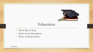 Education
• DeVry Plan of Study
• DeVry Course Descriptions
• DeVry Academic History
7Table of Contents
 